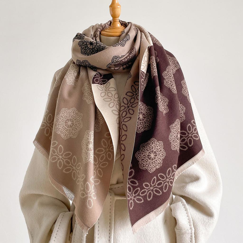 Ladies Double Sided Faux Cashmere Scarf Retro Floral Print Soft Warm Shawl With Fringe Stylish Outdoor Matching Accessory