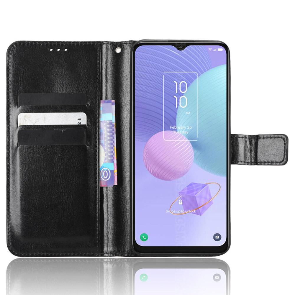 For TCL 405/406/408/T506D PU Leather Phone Cover Crazy Horse Texture Flip Wallet Stand Smartphone Case with Strap