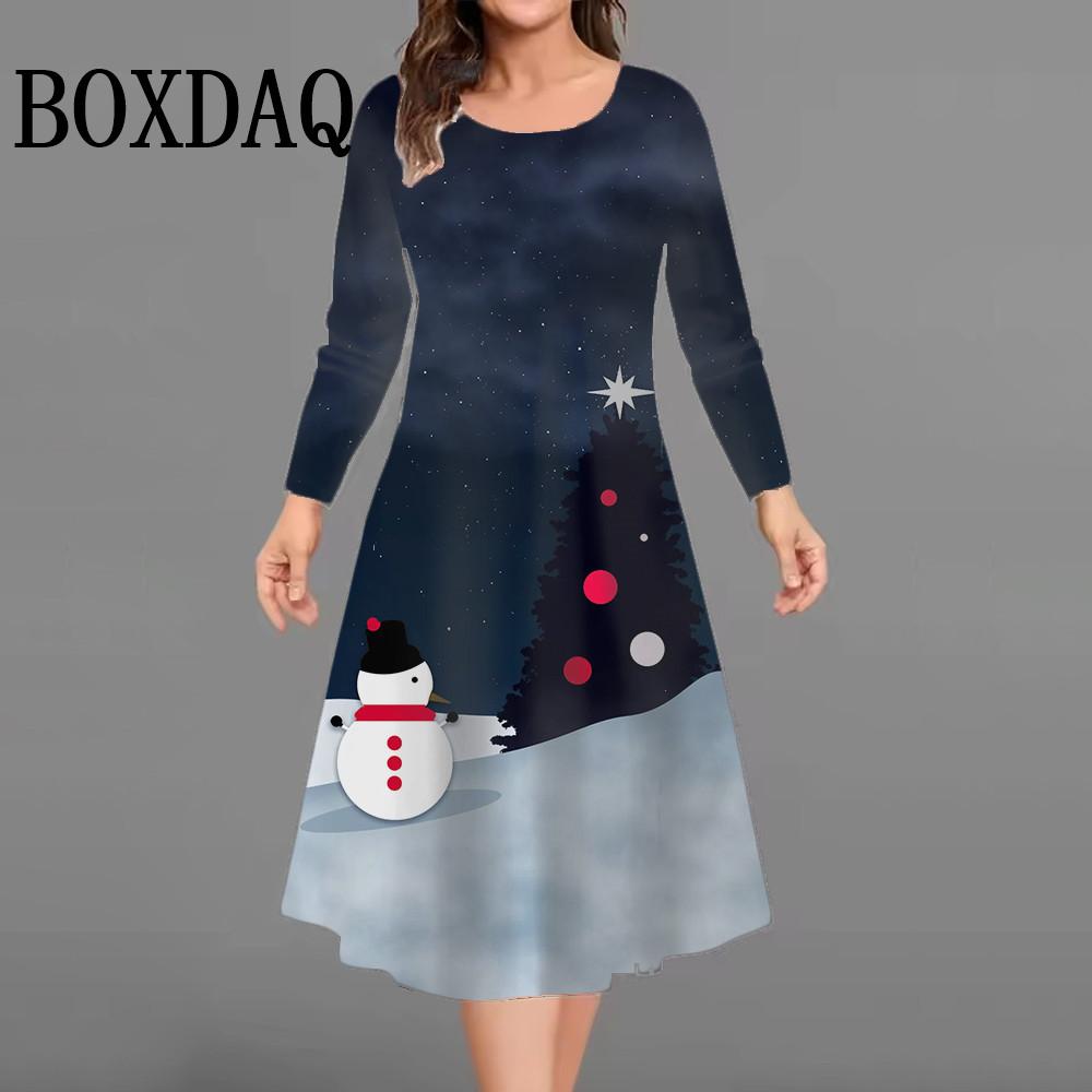 Plus Size Women Dress Christmas Tree Long Sleeve O-Neck Snowman 3D Printed Casual Loose Dress Vestidos Woman Winter Clothes