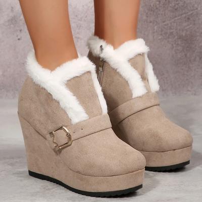 Women's Winter Chunky Black Suede Round Toe Platform Women Plush Warm Snow Ankle Boots Sexy 10cm Ultra High Heel Wedges Shoes