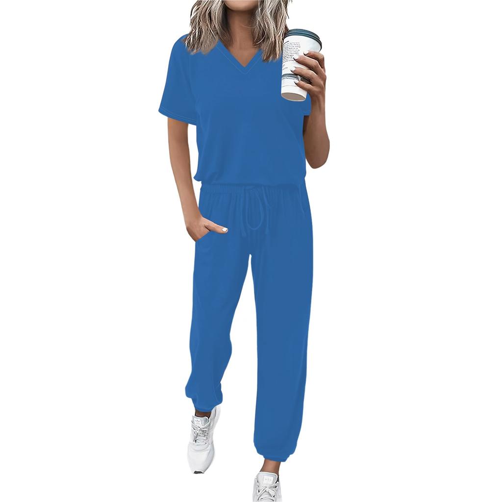 Women's Jogging Fashion V-Neck Color Short Sleeve Belt Loose Pants Tracksuit