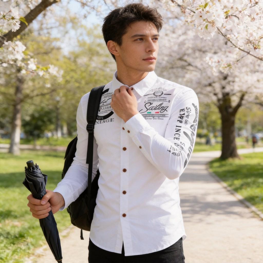 Mens Casual Long Sleeve Shirt With Print Collar And Button Closure