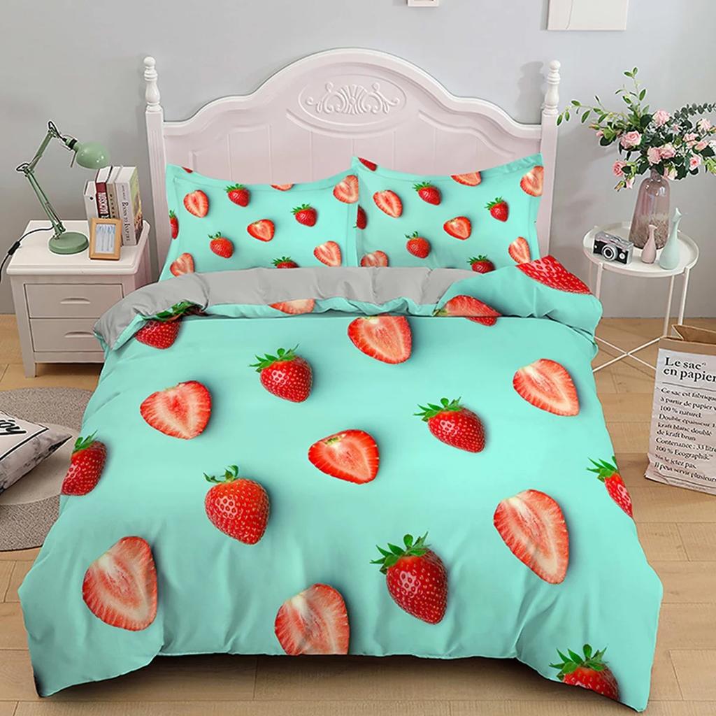 Strawberry Duvet Cover Set Cartoon Pink Fruit Print Comforter Cover Set for Boy Girl Teen Sweet Strawberry Room Decor Bedding