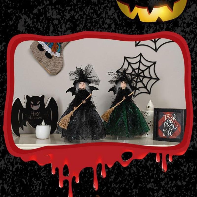 Halloween Witch Doll Desktop Decorations Witch Tree Toppers for Holiday Party Home Decor Witches with Spiders Web Dress