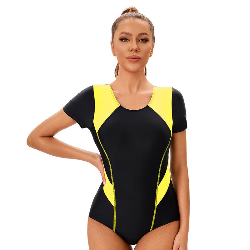 Color Block Short-sleeved Women's Swimsuit Sexy Tight Crewneck Conservative Swimsuit