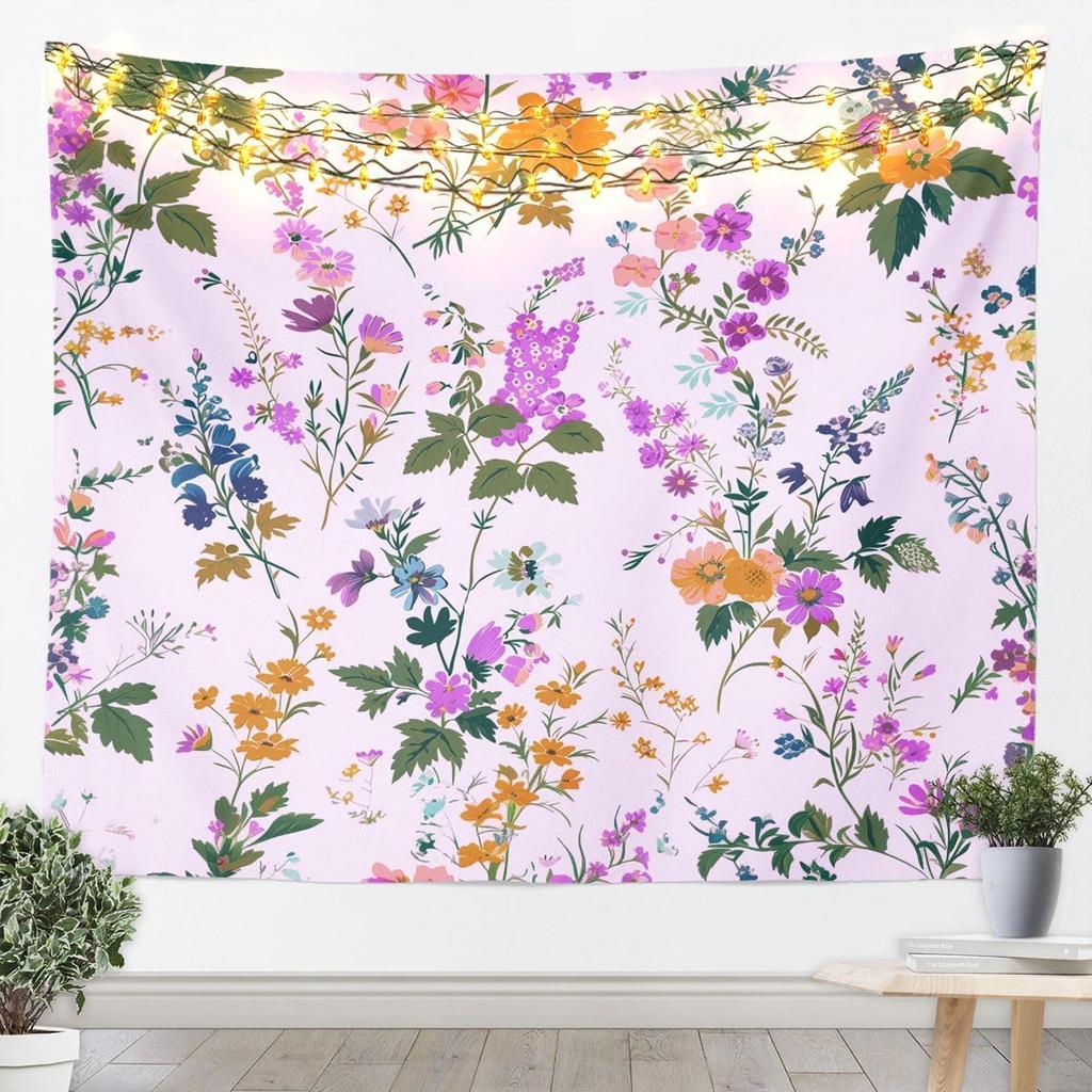 Floral Wall Hanging Bohemian Vintage Lace Damask Art Tapestry Beige Blue Flowers Orange Plaid Microfiber Polyester Tapestries