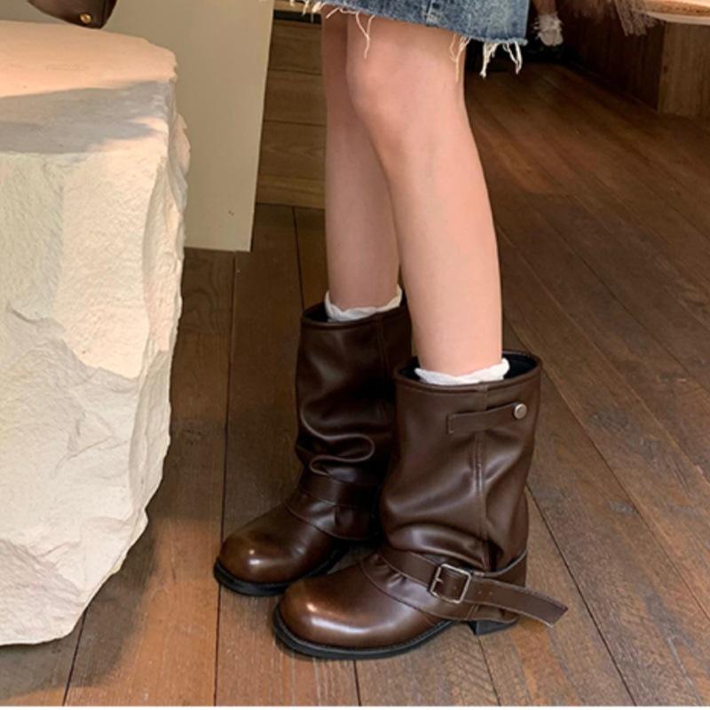 2025 autumn new heightening western cowboy stacking boots women's pleated trousers short boots retro knight martin boots