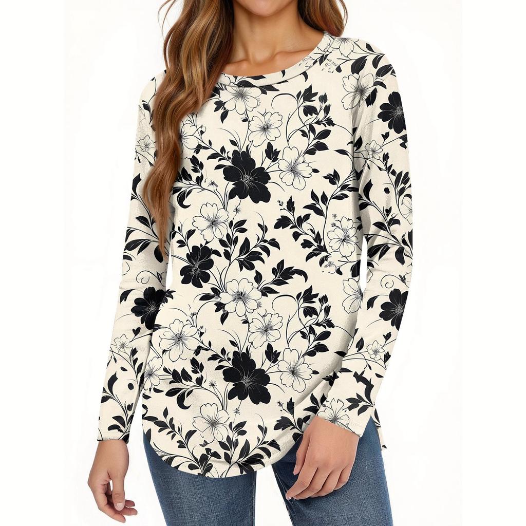 Dames Losse Ronde Hals Print Lange Mouw T-shirt Top Pullover