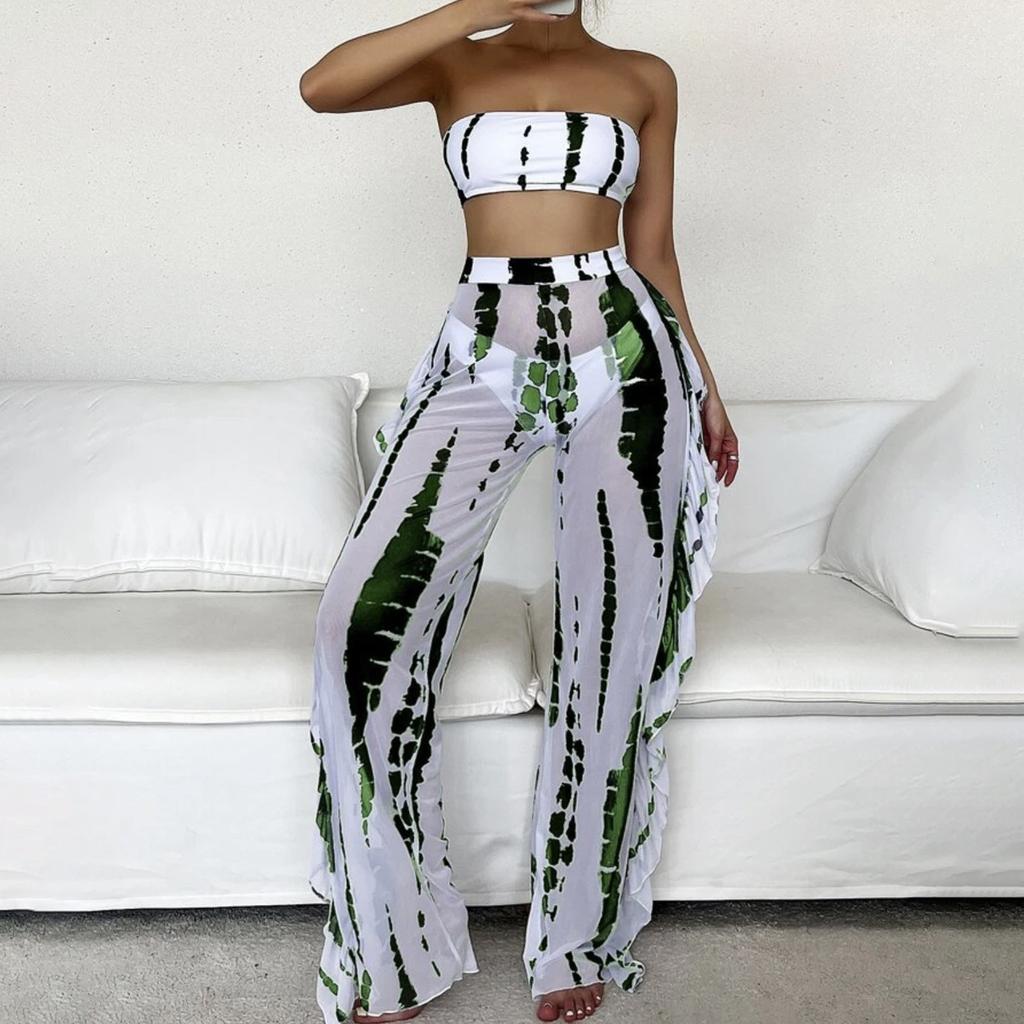 Fashion Women's Tube Top Mesh Pants Printed High Waist Split Sexy Swimsuit Bikini