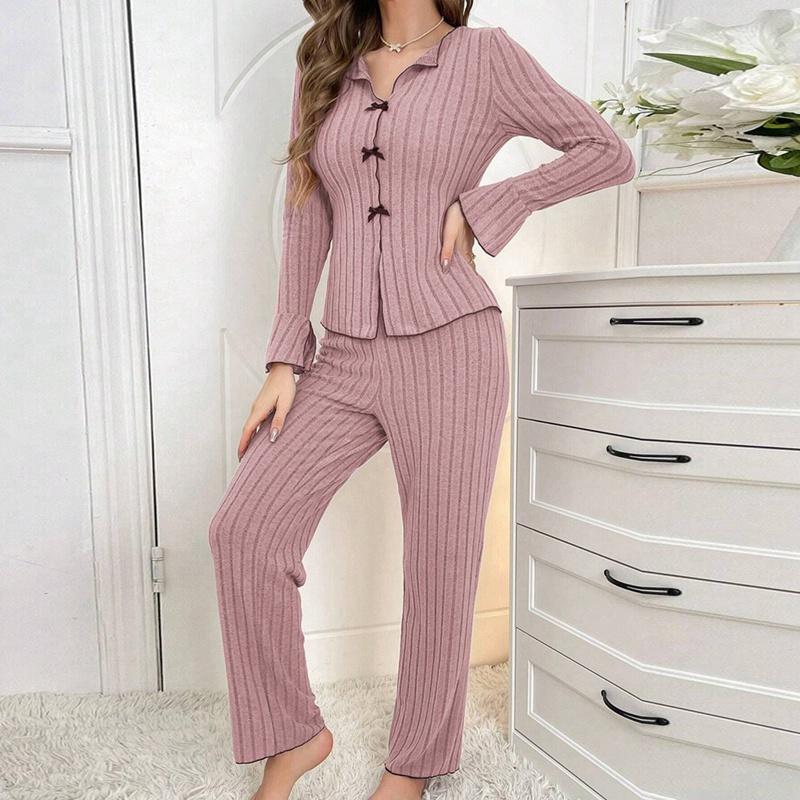 Damen Revers Schleife Langarm Oberteil und Hose Pyjama Anzüge Loungewear Sets