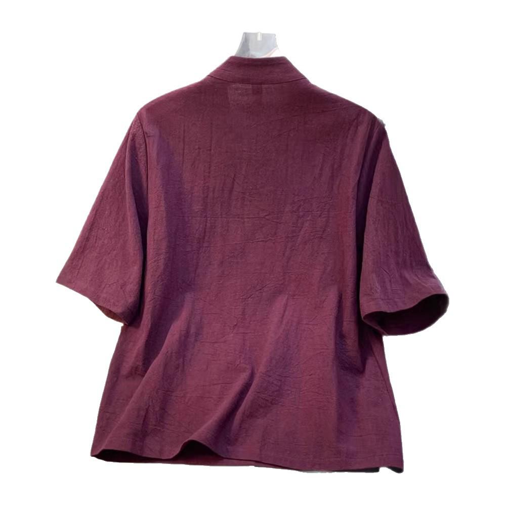 Women's Summer Zen Cotton Linen Shirt: Oblique Lapel, Frog Button, Short Sleeve