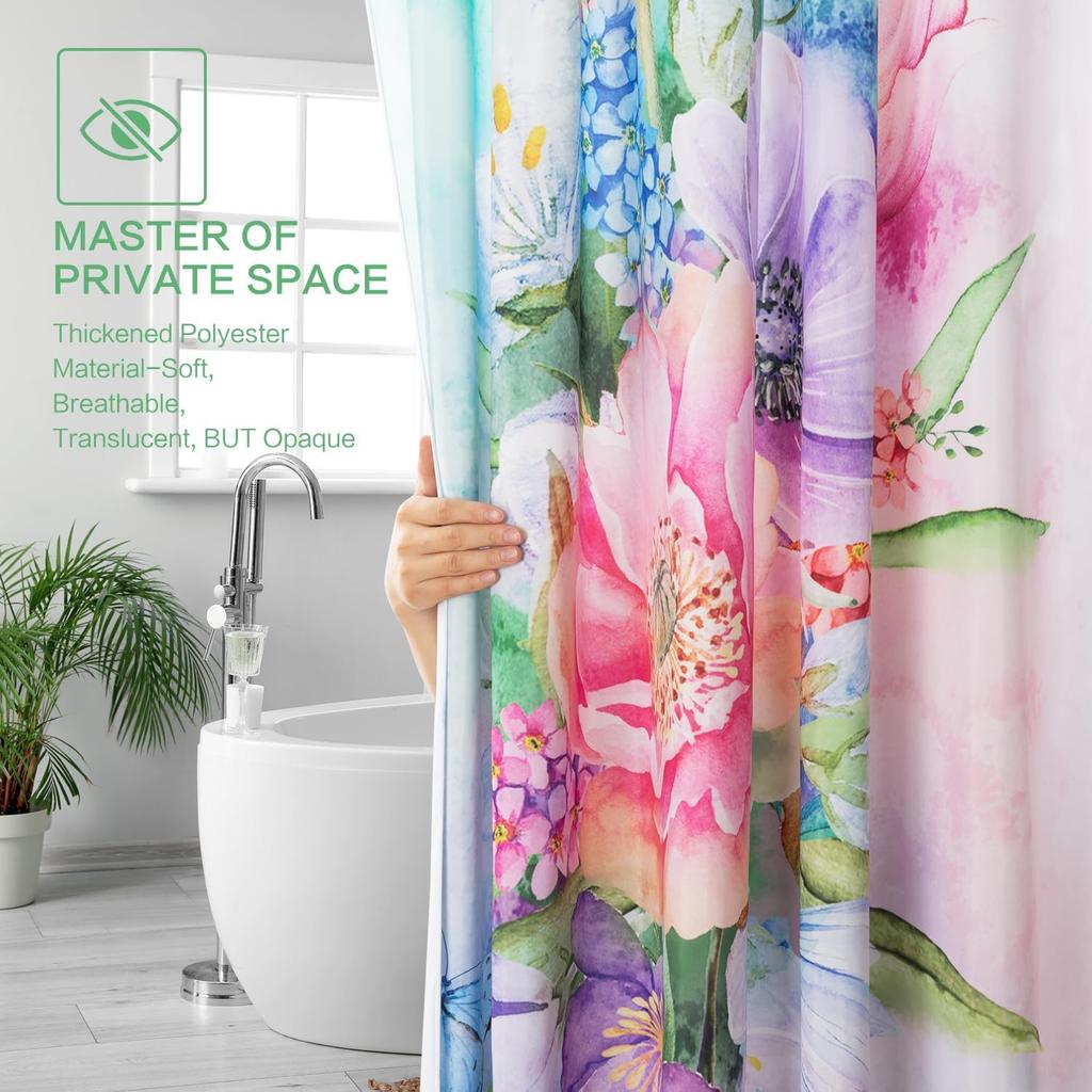 Blumen Duschvorhang, Aquarellblumen Duschvorhang Sommer Blühende Blumen Malerei Duschvorhang Sets Wasserdicht Polyester