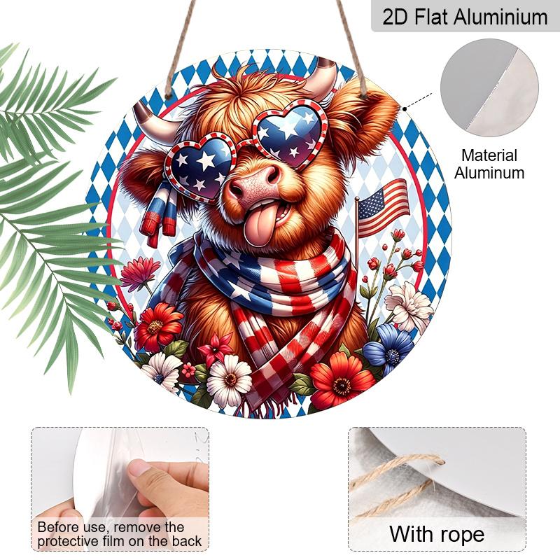 2D Flat, 1pc Patriotic Highland Cow Metal Wall Decor - Flag Colors (Red, ) - Heavy-Duty Aluminum Plate - Round Decoration for 4th of July, Father'S