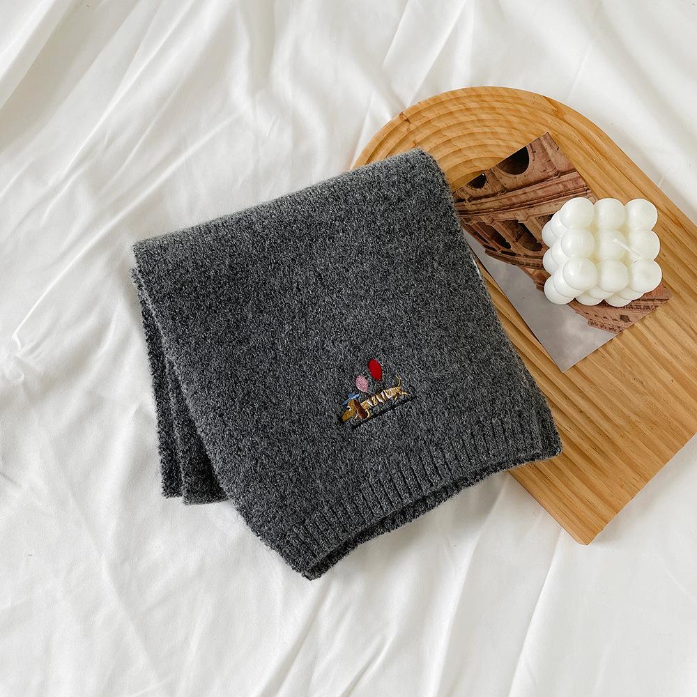Winter knitted wool small scarf women's new high-end dog embroidery simple matching scarf