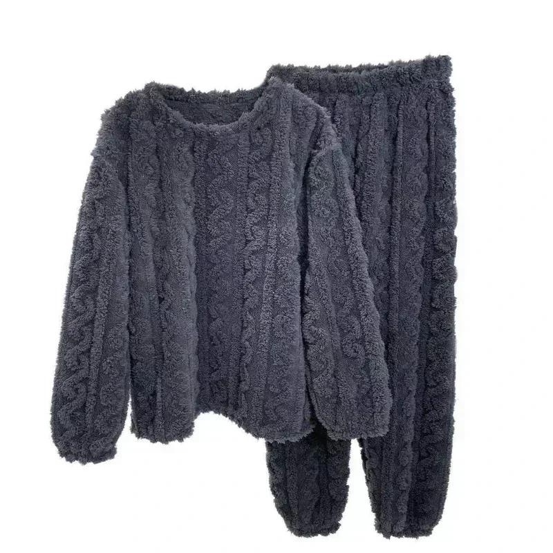 Herbst Winter Damen Warme 2-teilige Sets Verdicken Weicher Samt Geripptes Fleece Set Pullover und Hose Lässige Pyjama-Sets