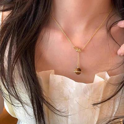 Collier Zircon Oeil de Tigre Saturne - Chaîne de Pull Exquise de Luxe Léger.