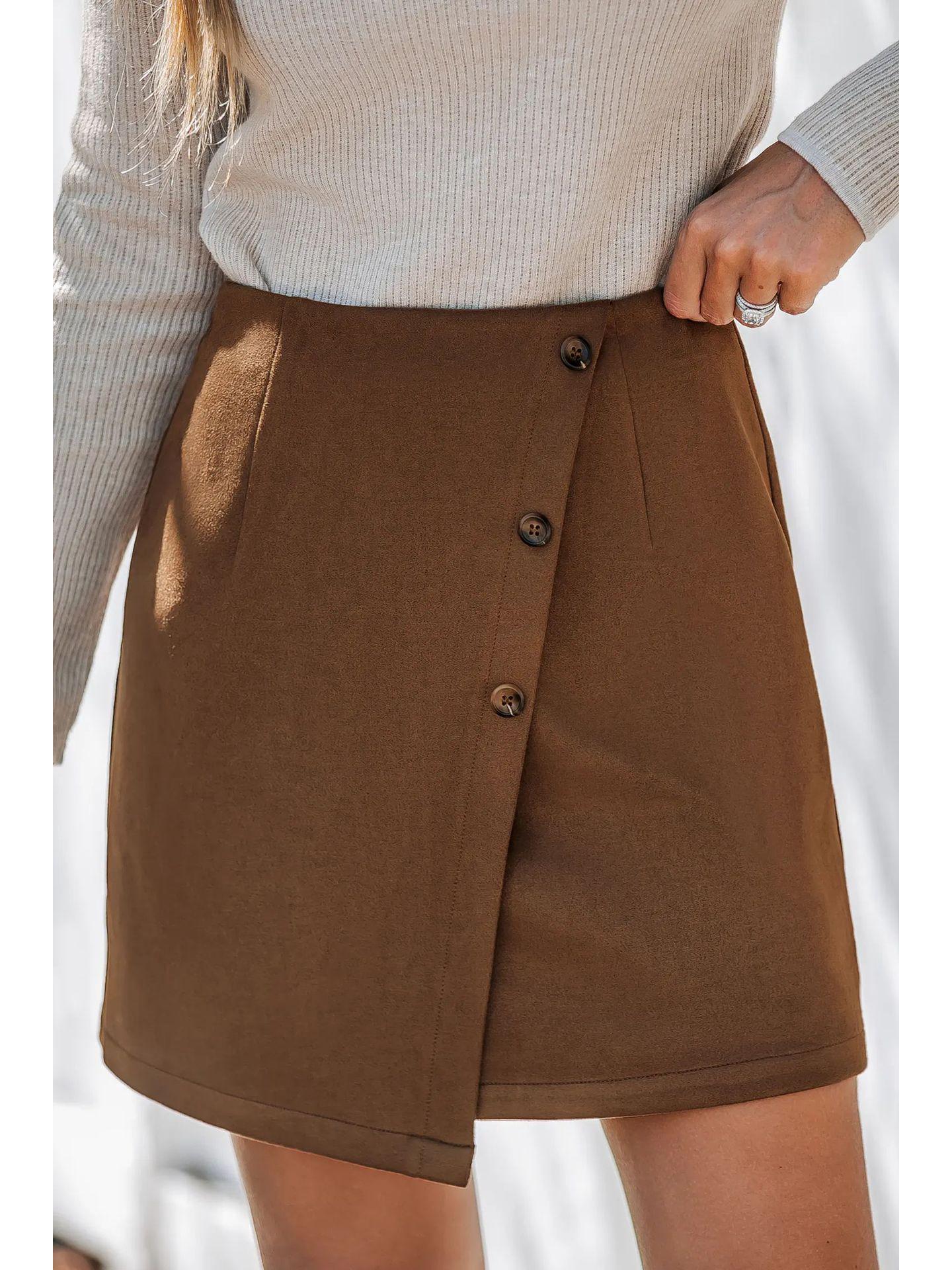 

2025 Women s Autumn/Winter Suede Irregular Midi Skirt with High Waist, Solid Color, Zipper, and Button Details L