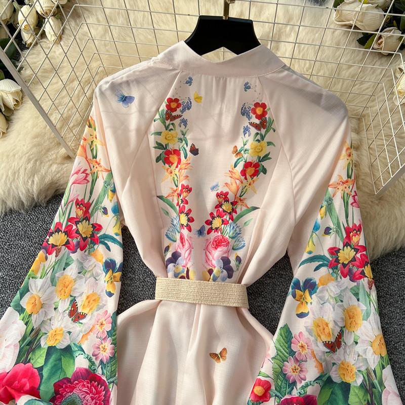 Spring Autumn Women Plus Size Print Single Breasted Long Maxi Seaside Holiday Beach Dresses with Belt