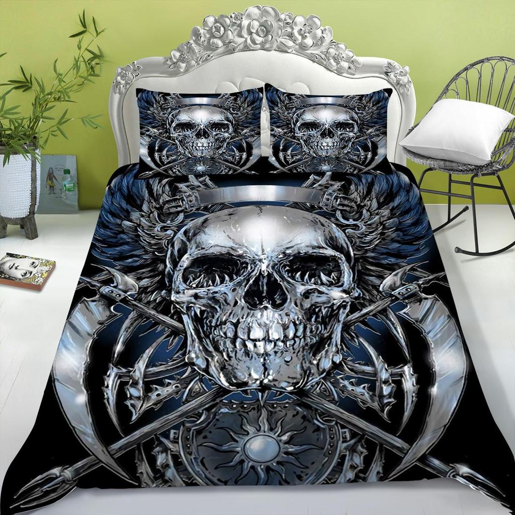 Bedding Set New Bed Cover 3D Skull Head Scary Print Family Bedroom Full Size Quilt Cover and Pillowcase Microfiber