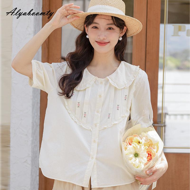 

Japanese Mori Girl Summer Women Sweet Blouse Peter Pan Collar Floral Embroidery Casual Loose Blouse Short Sleeve Cotton Cute Blouse L
