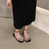 Coarse Heel Rhinestone Strap Sandals Fairy Shoes 2025 New Summer French Black Temperament with Skirt Roman Shoes
