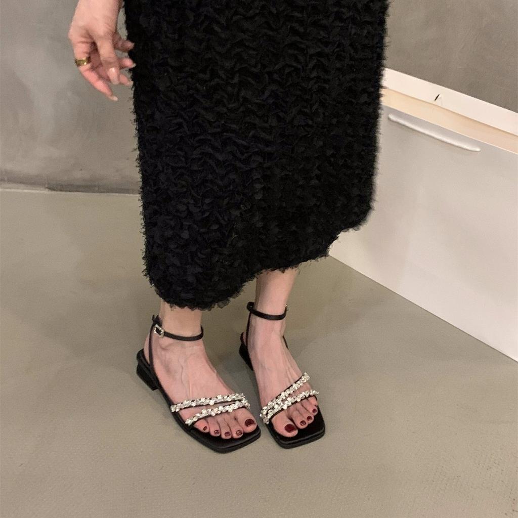 Coarse Heel Rhinestone Strap Sandals Fairy Shoes 2025 New Summer French Black Temperament with Skirt Roman Shoes