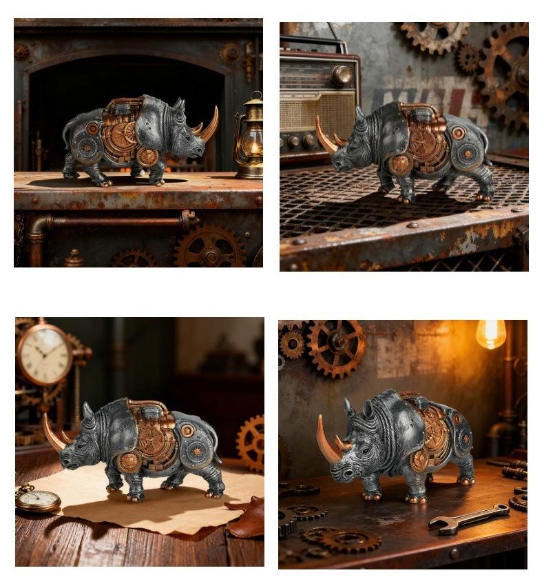 Steampunk Rhinoceros Statue Mechanical Animal Sculpture with Gears Industrial Desktop Decor