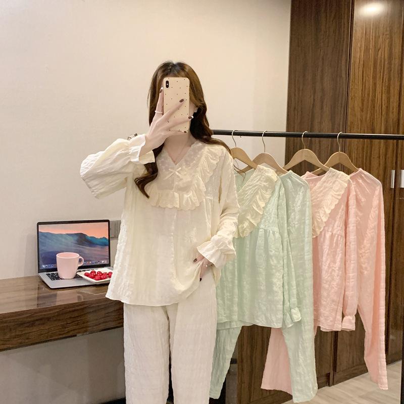 Japanese-Style Lace Bubble Crepe Pajamas for Women - Spring Long Sleeve Solid Color