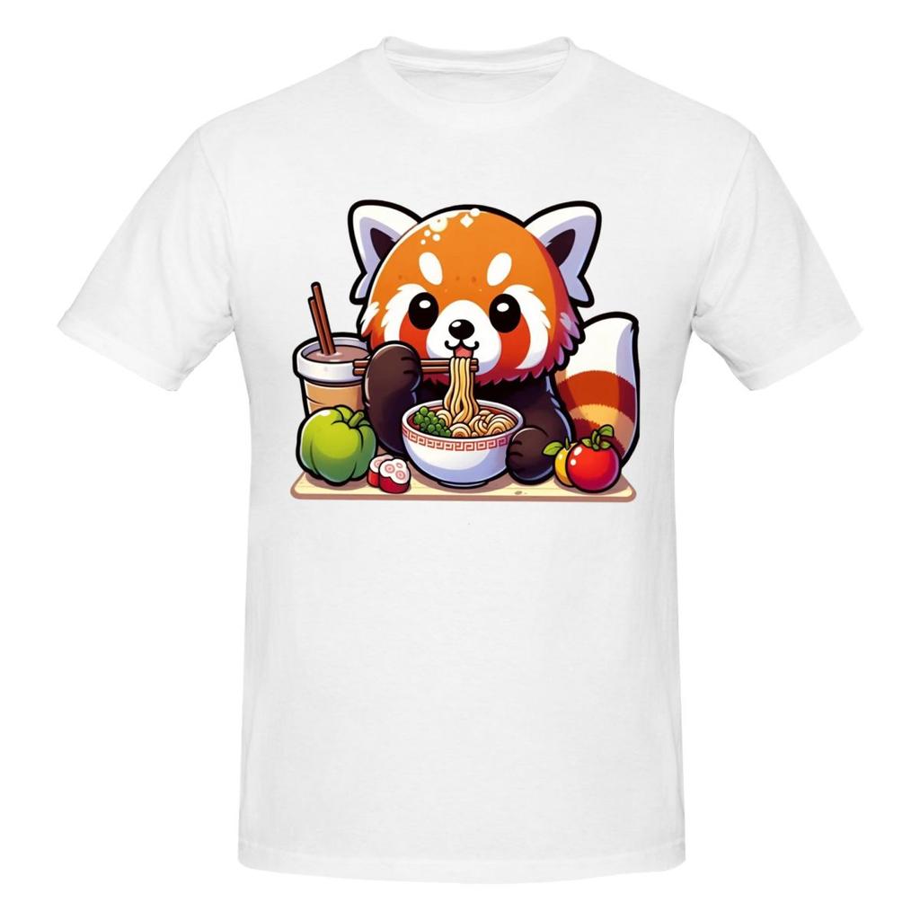 Unisex Kawaii Red Panda Eating RaUnisex Noodles Trendy T Shirt Streetwear Oneck Cotton T Shirts