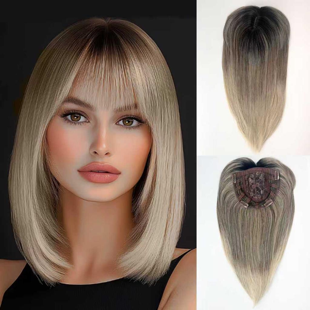 Topper de Clip para el Cabello para Mujer Sin Malla, Fibra Sintética de Alta Temperatura, Rubio Dorado Largo y Rizado con Flequillo de Cortina, Pieza de Cabello para Coronilla Adelgazada