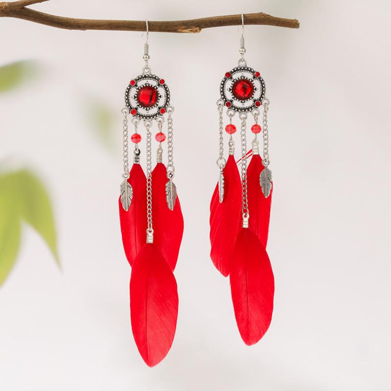 New Vintage Round Rhinestone Feather Earrings for Women Ethnic Elegant Long Drop Earring Wedding Vacation Female Jewelry