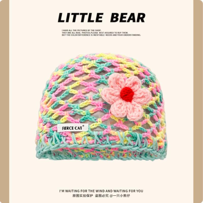 Korean Style Colorful Dopamine Hollow Flower Knitted Hat for Women Summer Versatile Light Handmade Crochet Pullover Beanie Caps
