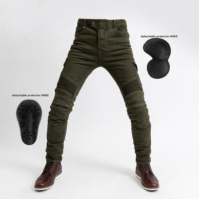 Vier-Jahreszeiten Motorradhose - Militärgrün/Schwarz, Sturzsicher, Slim-Fit Jeans
