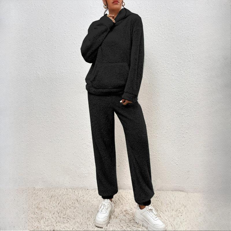 

QICED Осенне-зимний однотонный женский худи с длинными рукавами, накладными карманами, повседневные брюки, домашний комплект из двух предметов XS чёрный