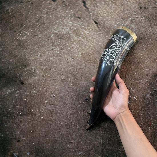 Set of 2 Viking Drinking Horn Natural Drinking Horn with Stand Polished Finish, Brass Trim Knob