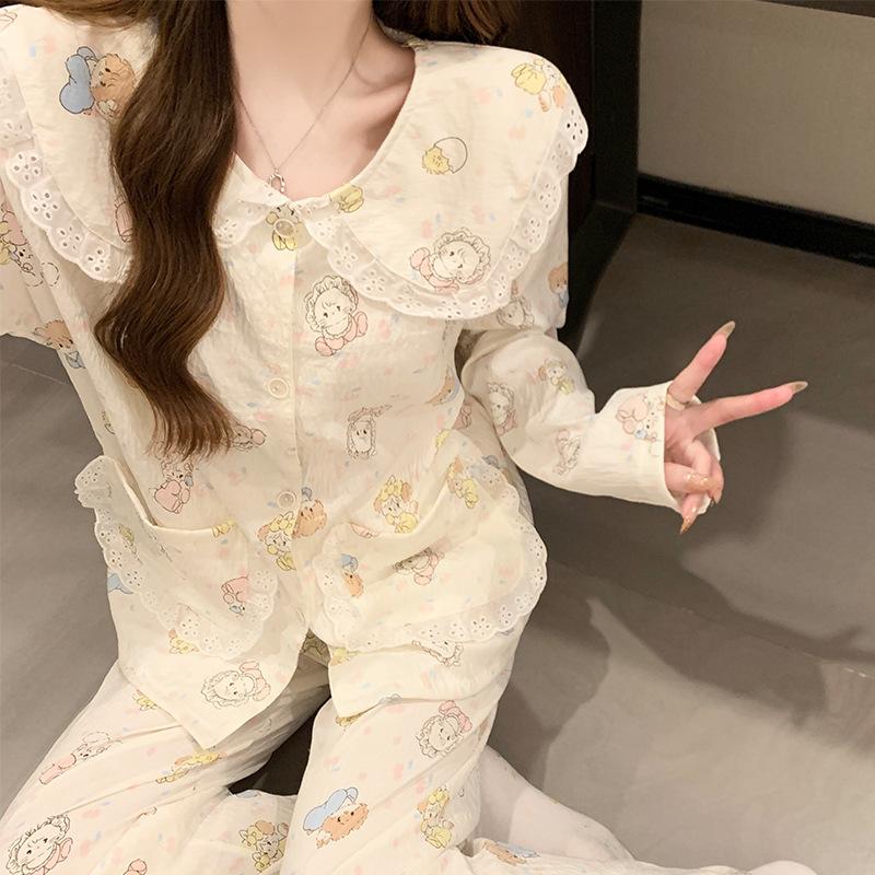 Mikko Cartoon Doll Collar Pajamas Women'S Cloud Cotton Sweet Girl Loungewear Set