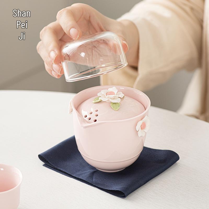 Portable Pink Ceramic Tea Set with One Pot & Three Cups - Ideal for Travel & Outdoor Use