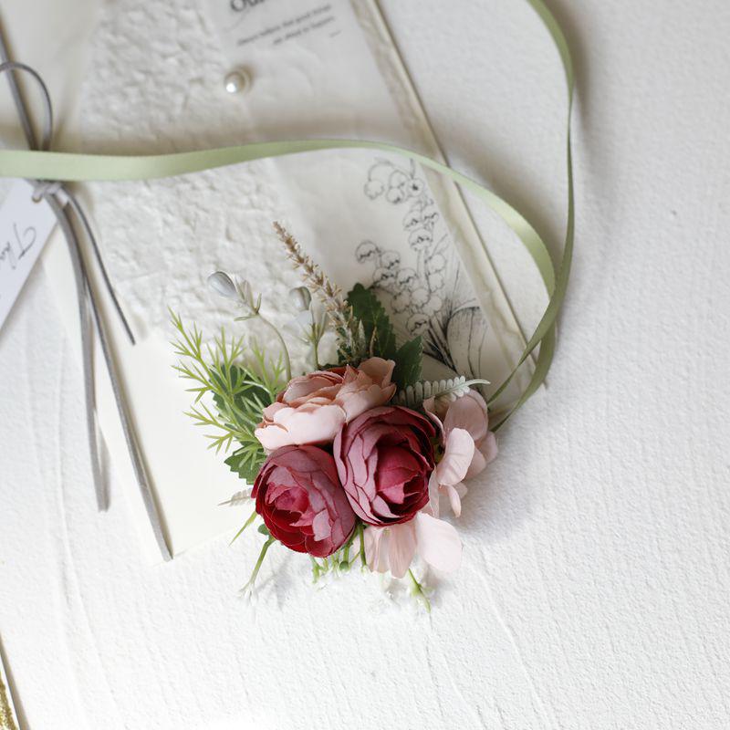 Mori-Style Korean Camellia Wedding Boutonniere & Bridesmaid Wrist Corsage Set