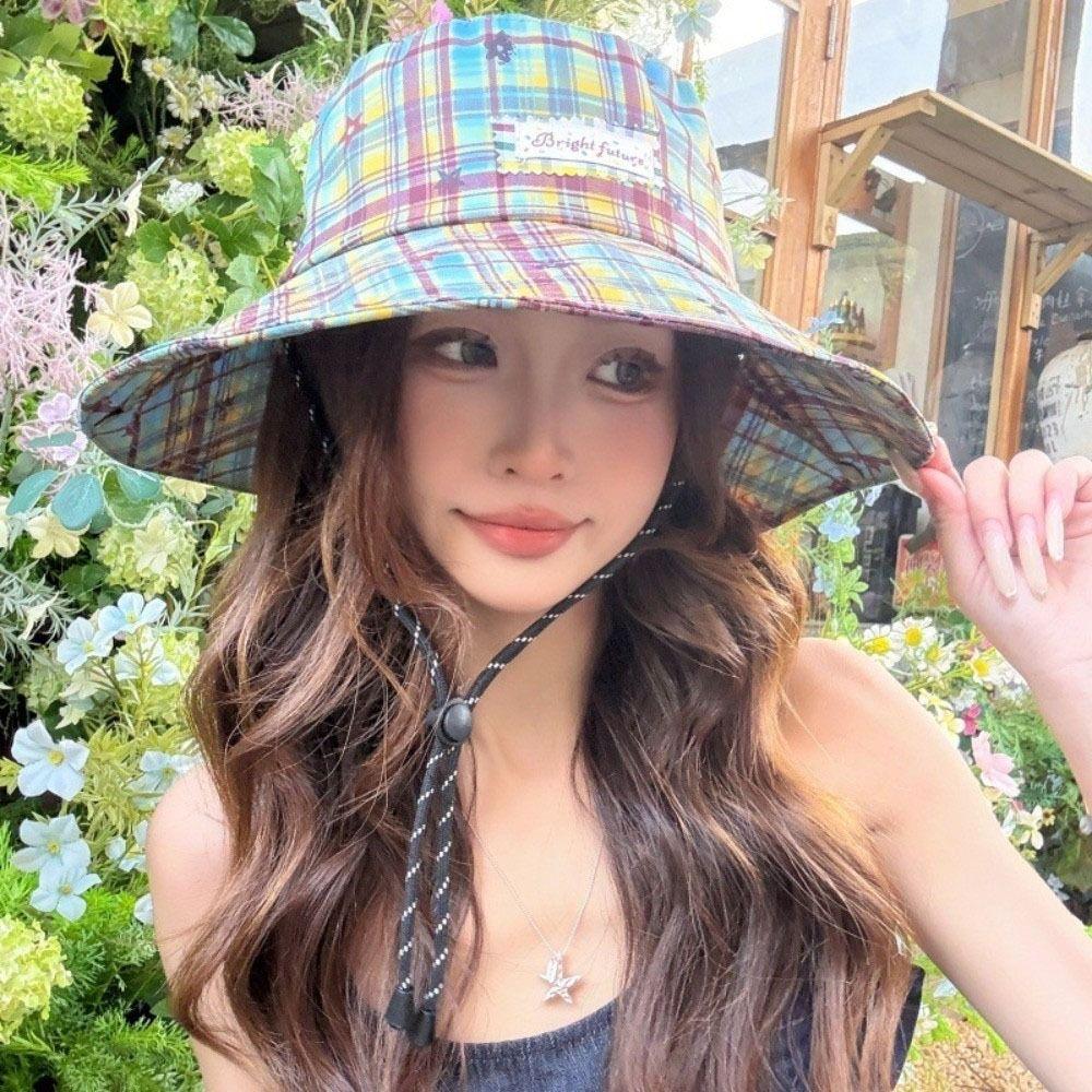 Sun Protection Plaid Fisherman Hat Wide Brim Sunscreen Bucket Hat Casual Women Sun Hat  Travel