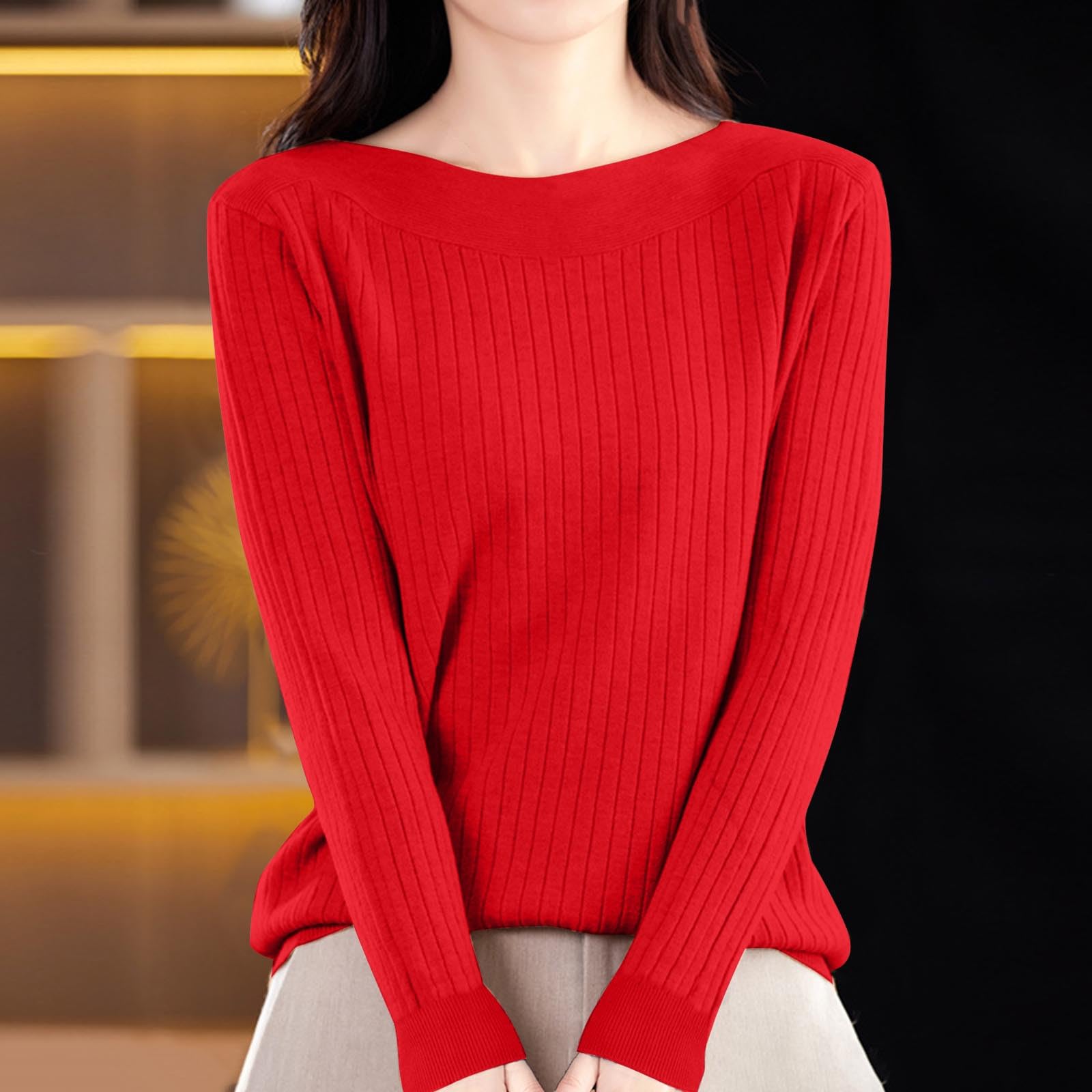 

Женская повседневная трикотажная кофта с круглым вырезом и длинными рукавами, свитер на одно плечо M красный