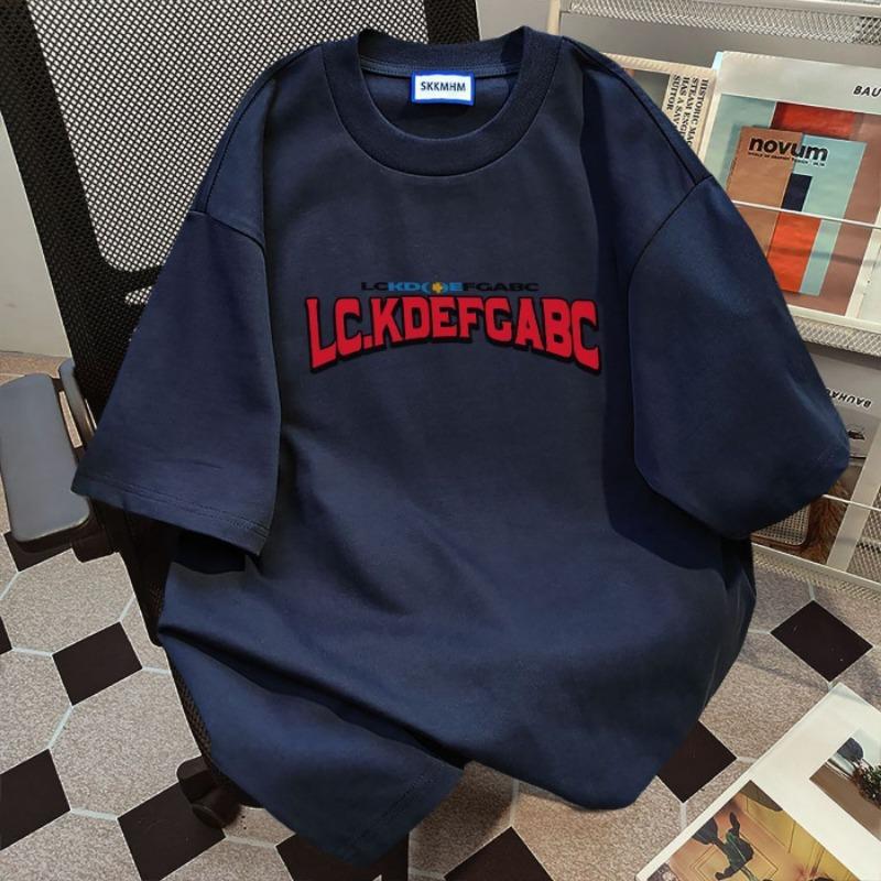 

Женский летний новый стиль универсальный свободный повседневный топ с принтом на осенних плечах и короткими рукавами L темно-синий