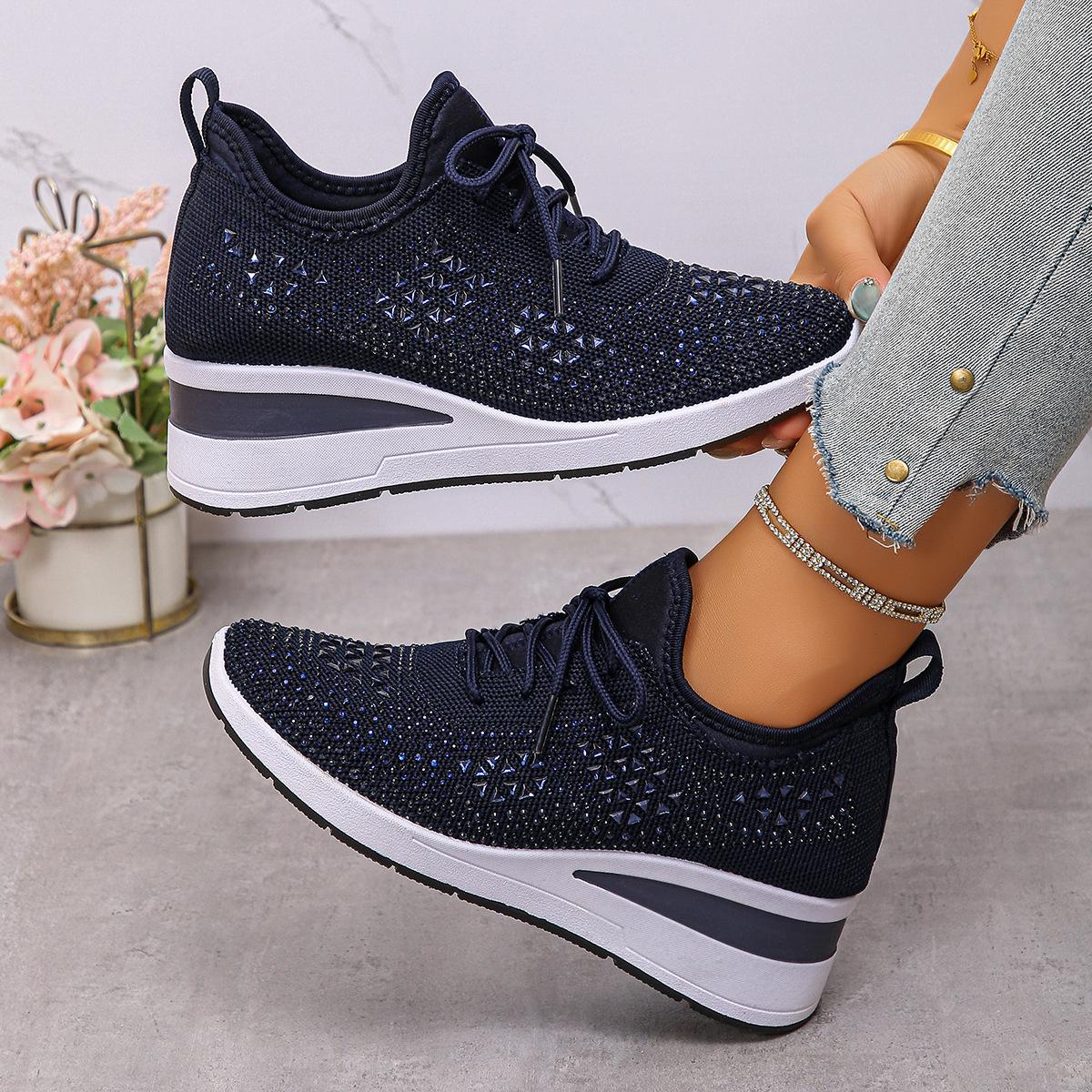 Sommer 2025 Damen Übergröße Strass Schnürer Flyknit Mesh Schuhe - Atmungsaktiv & Lässig Sportlich 36 dunkelblaue