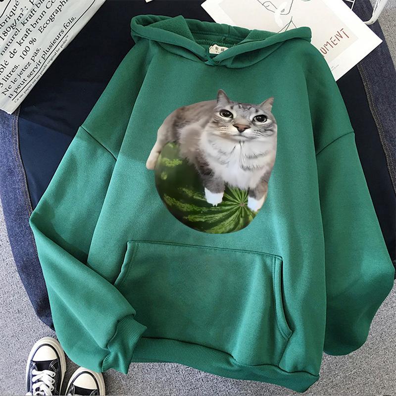 Sevimli Karpuz Kedi Aptal Kedi Mems Baskılı Kapüşonlular 90'lar Günlük Sweatshirtler Grafik Y2k Kapüşonlu Kadın Gotik Sokak Giyim