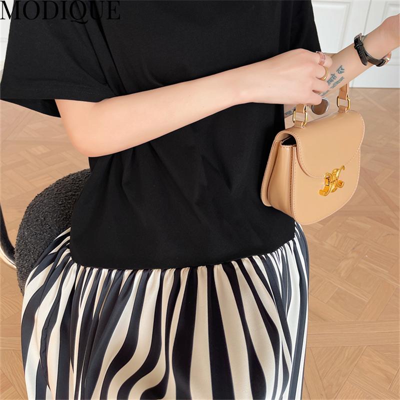 MODIQUE Sommerkleider für Damen in Übergröße, lockere, vielseitige A-Linie, Streifen, Patchwork, plissiertes Baumwoll-T-Shirt, lange Kleider für Damen, lässig, kurzärmelig, O-Ausschnitt