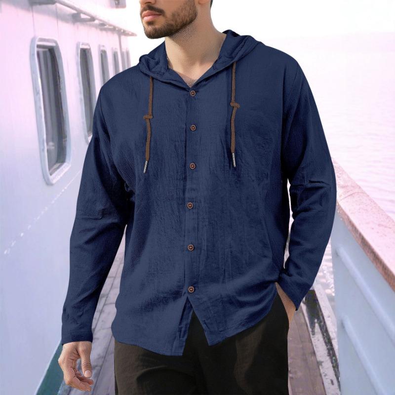 Men's Simple Cotton and Linen Casual Loose Breathable Long-sleeved Solid Color Hooded Shirt