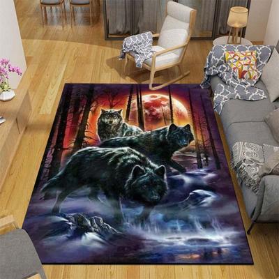 Alfombra de Lobo 3D Noche de Luna en el Bosque Felpudos para Sala de Estar Dormitorio Felpudo de Entrada Alfombra Antideslizante Felpudos para Sillas Alfombra de Baño