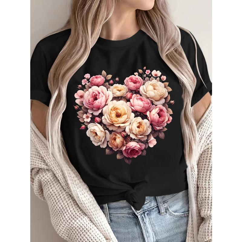 

Womens Light Gray Heart Floral Print Tee Pink White Rose Design Crew Neck Short Sleeve Breathable Spring Summer Casual Top 4XL чорний