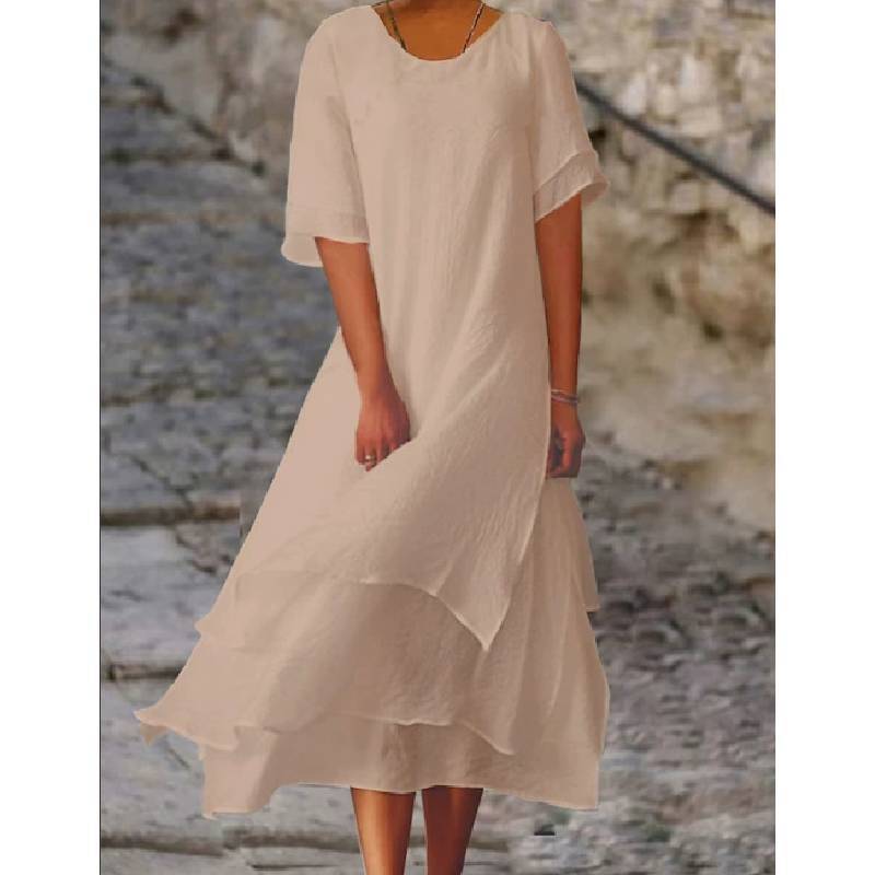 Vestido de Verano de Algodón y Lino de Doble Capa con Bloques de Color y Manga Corta de Cuello Redondo para Uso Casual