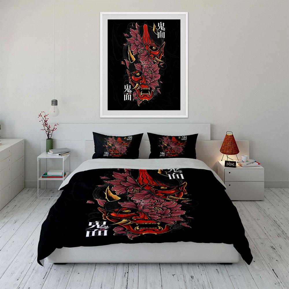 Demon mask and flowers. Bedding sets Duvet cover sets Duvet covers Pillowcases(1*Duvet Cover 2*Pillowcases without duvet insert)