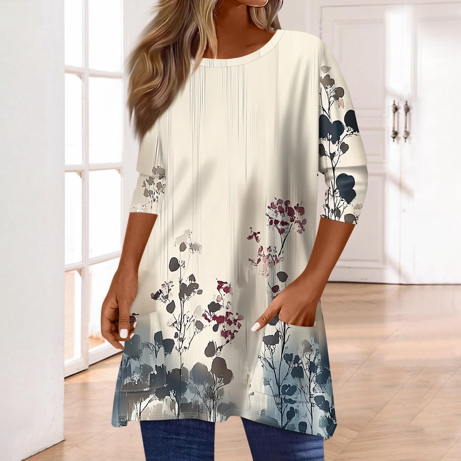 

3/4 рукава кармана топы для женщин футболка повседневный принт средней длины топы футболка круглый вырез пуловер блузка L бежевый